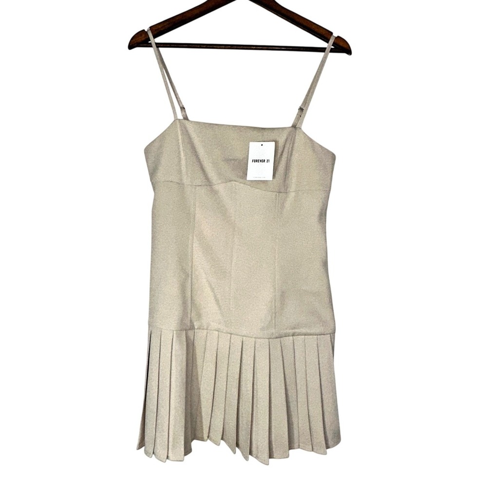 Forever 21 Womens Mini Dress M Champagne Pearl Beige Cream Spaghetti Pleated NEW